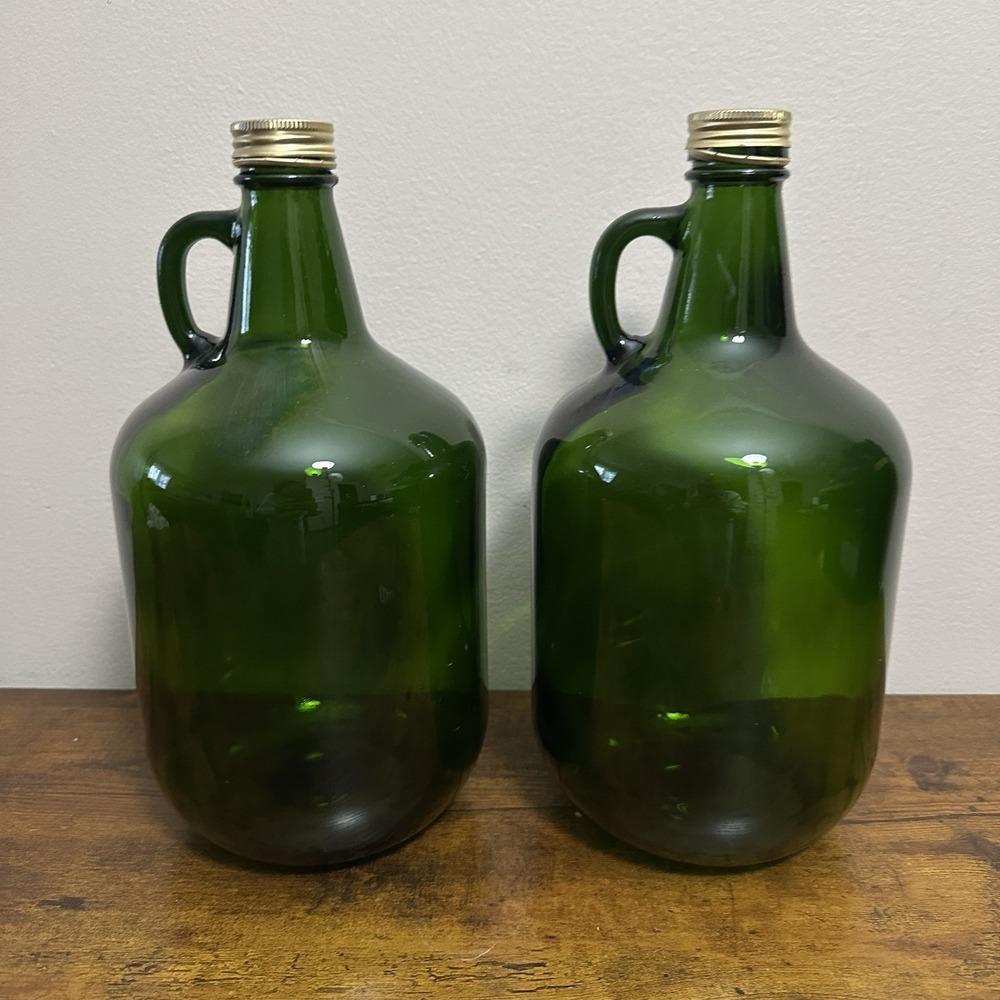 Set of 2 Vintage Green Glass Jugs with Handles and Gold Caps Emerald Vases
